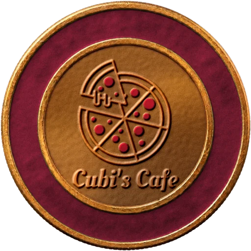 A raised-relief doubloon coin bearing the Cubi's Cafe pizza logo